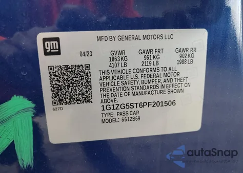 2023 Chevrolet Malibu Rs z USA, uszkodzony, nr VIN 1G1ZG5ST6PF201506